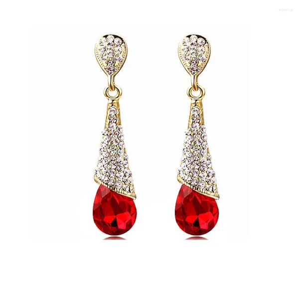 Pendientes traseros de cristal de diamantes de imitación rojos, Clip largo de gota de agua en la oreja no perforada, joyería para mujer, regalo de boda, pendientes sin agujero