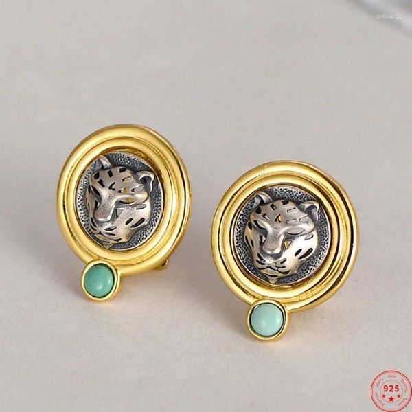 Pendientes de respaldo S925 Clips de encantos de plata esterlina para mujeres contraste color retro 3d Cheetah Ancient Coins-orejas