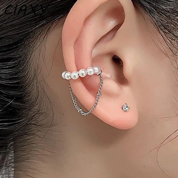 Pendientes traseros Clip de borla de perlas simuladas de color plateado para mujer Hermosa cadena de hadas Moda coreana Ear Cuff Regalo de joyería de lujo