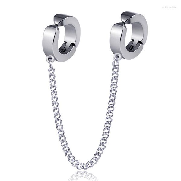 Dos Boucles D'oreilles Argent Punk Oreille Clip Double Chaîne Lien Bijoux Titane Acier Mâle Sans Percé Mode Drop-