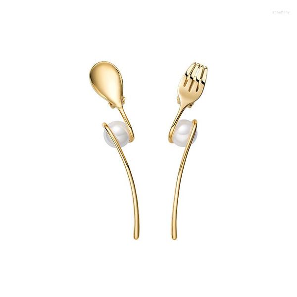 Pendientes traseros SOELLE Moda Real 925 Plata de ley Color oro Cuchara y tenedor Clip de vajilla asimétrico con perla para mujeres Sin pin