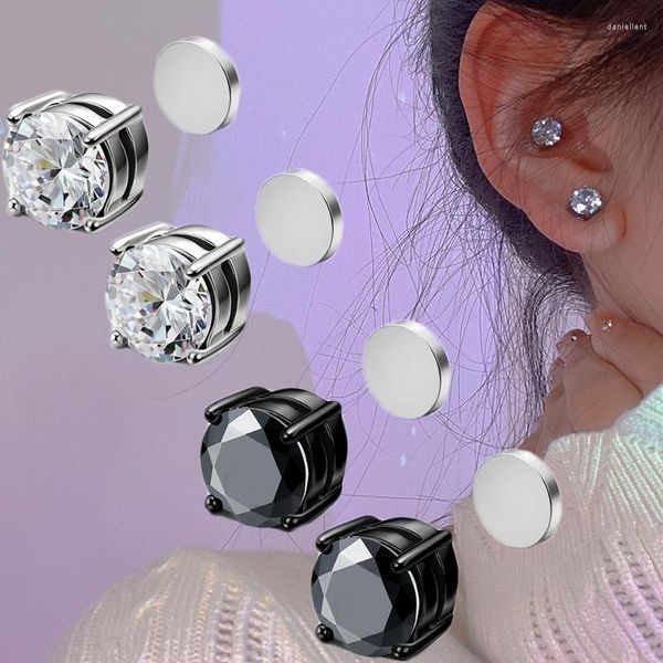 Dos Boucles D'oreilles En Acier Inoxydable Aimant Puissant Magnétique Rond Strass Non-percé Faux Exquis Fille Bijoux