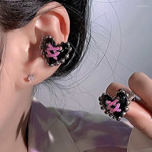 Pendientes traseros Sweet Cool Hip Hop Y2K Dropwise Glaze Heart Ear Clip Punk Pink Tie Hollow Non Piercing Fake Pendiente Joyería para regalo