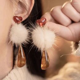 Boucles d'oreilles à dos de tempérament d'hiver, Vintage, résine, pierre brune, Clip d'oreille sans trou, boule en peluche 2024, cheveux de vison rétro longs