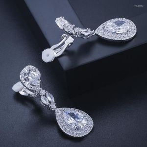 Boucles d'oreilles à dos ThreeGraces sans trou, bijoux d'oreille, goutte d'eau brillante, zircone cubique, mariage de mariée, Long Clip sur Non percé EJ46