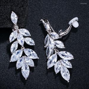 Pendientes traseros ThreeGraces Sparkling Marquise Cut CZ Crystal nupcial boda Long Drop Clip On para mujeres oreja no perforada joyería EJ0032