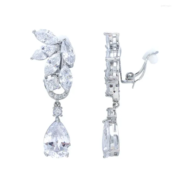 Pendientes traseros ThreeGraces Sparkling White Cubic Zirconia Color plata Clip largo sin perforaciones para mujeres Joyería nupcial de boda EJ49