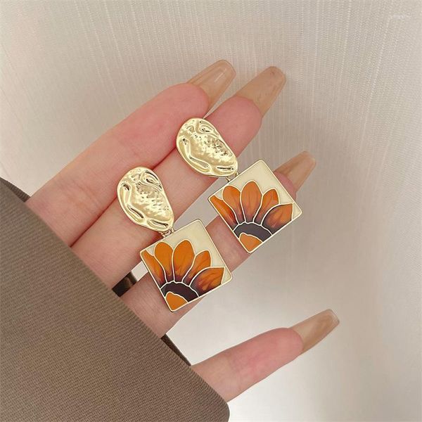 Dos boucles d'oreilles Vintage peinture à l'huile artistique tournesol élégant mode géométrique carré déclaration fleur Clip sur pas de Piercing