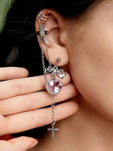 Pendientes traseros Vintage de cristal rosa con corazón y cadena cruzada para mujer y niña, Clip de Metal gótico de Hip Hop, regalo de joyería