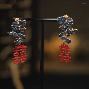 Boucles d'oreilles à dos avec Clip de Style Vintage, avec Jade sec congelé et caractère chinois «Xi», goutte d'oreille verte pour accessoires de mariage de mariée