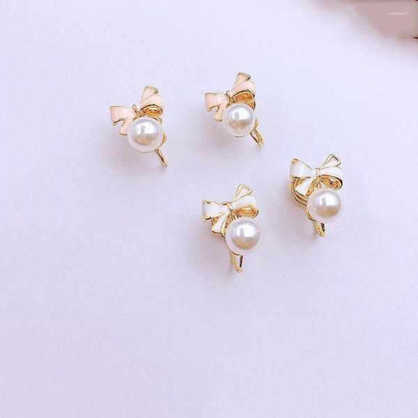 Pendientes traseros con lazo esmaltado en color blanco y rosa, joyería geométrica no perforada, pendientes redondos de perlas de imitación, regalo nupcial