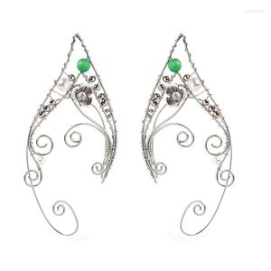 Boucles d'oreilles à dos enroulées, manchettes d'oreille d'elfe de vigne avec perles vertes, manchon d'aile florale sans Piercing, bijoux