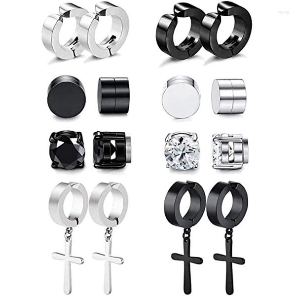 Pendientes traseros WKOUD 1/8 pares Juego de clips magnéticos para las orejas Hombres Mujeres Anillo de acero inoxidable Cruz No perforado Calibre falso Hipoalergénico