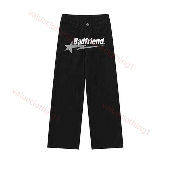 Bad Friend Pants Streetwear Y2k Jean imprimé droit pour hommes surdimensionné décontracté pantalon large rétro Hip Hop
