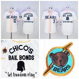 Slecht nieuws Bears Movie Button Down Jersey #3 Kelly Lek #12 Tanner Boyle White Movie Stitched Baseball Jersey genaaid 225i