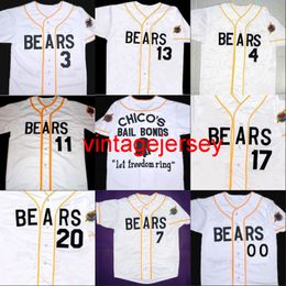 Malas noticias BEARS Movie Jersey Botón abajo Blanco 100% cosido Camisetas de béisbol personalizadas Cualquier número de nombre al por mayor