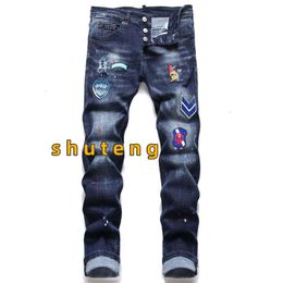 Crachá rasga estiramento jeans preto moda masculina fino ajuste lavado motocycle calças jeans painéis hip hop 360 8993