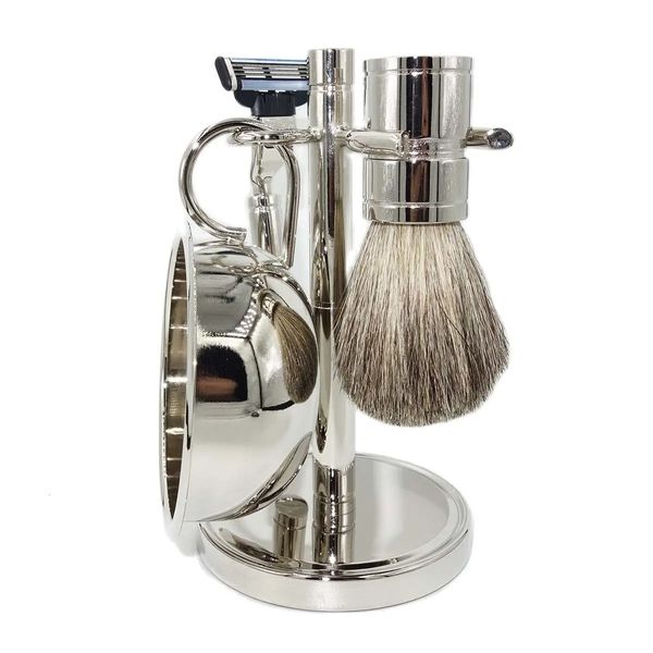 Brocha de afeitar para limpieza de barba y pelo de tejón, juego de cuencos para jabón espumoso, kit de herramientas de afeitar de 4 piezas para hombres 240228