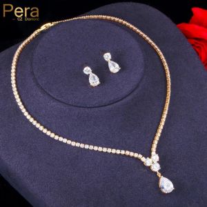 Badminton Pera Pendre en larme délicate Affican Gold Color CZ Bridal Engagement Party Bijoux pour femmes Collier et boucles d'oreilles J445