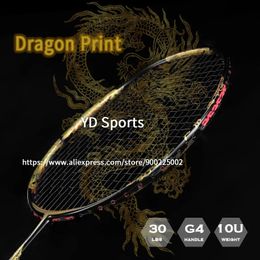 Raquettes de badminton 1 pièces Dragon Print 100 fibre de carbone 10U G4 cordée Anti-choc raquette d'entraînement professionnelle 30LBS sacs 230927