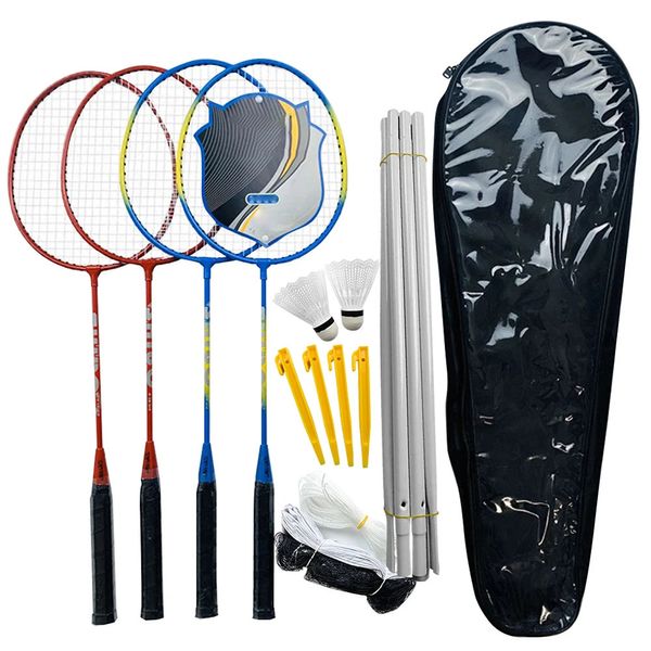 Raquettes de badminton Ensemble de badminton de sport 4 pièces raquettes de badminton 2 balles de volant Birdies filet réglable sondages plage arrière-cour Combo ensemble de jeux 231201