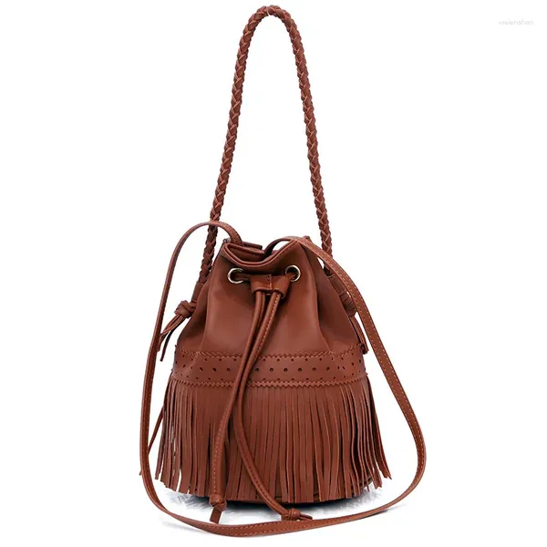 Bolso 2024 estilo bohemio PU bolso cruzado de cuero vegano para mujer marca diseño hueco borla cubo mujer Casual bolsos de hombro