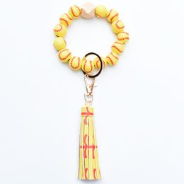 Sac accessoire sac à main porte-clés Baseball Softball perles bracelet porte-clés Bracelet perle de bois extensible porte-clés avec gland DOM1062006