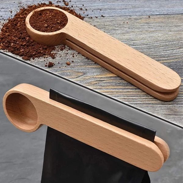 Clips de sac à café moulu, cuillère à café en bois, cuillère à soupe en bois, cuillère à mesurer, Clip de scellage en bois à Long manche