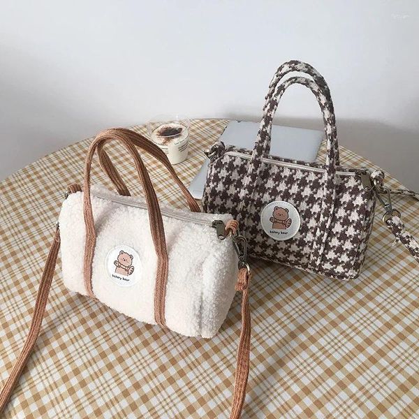 Sac à main ours mignon pour femmes, Mini Boston en laine et velours côtelé, petit sac à main en peluche, sacs à bandoulière en tissu avec fermeture éclair pour filles