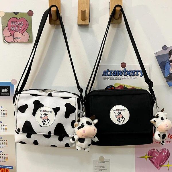 Bolso de moda lindo bolso cruzado de lona para mujer 2024 pequeño dibujo de vaca estampado hombro mensajero estudiantes tela bolsos femeninos