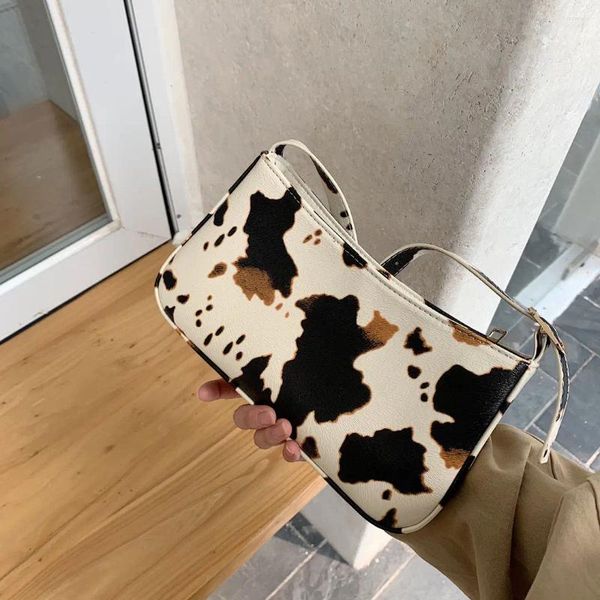 Bolso de diseño a la moda con estampado de vaca y leche para mujer, bolsos Baguette para axila, bolsos Vintage de cuero PU para niñas, bolsas de mensajero de hombro para axila