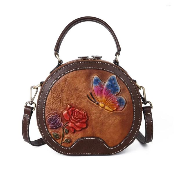 Bolso con forma de bolso de piel auténtica de alta calidad para mujer, bandolera de hombro tipo bandolera, Vintage, hecho a mano, con estampado Floral Circular, 2024