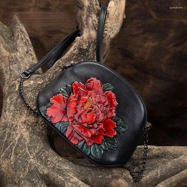 Bolso con forma de Mini cadena de concha para mujer, bandoleras cruzadas, estilo Retro, de cuero genuino, con estampado Floral, 2024