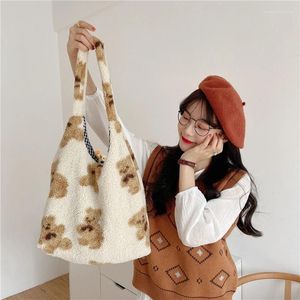 Sac INS Fashion pour femmes, sacs à bandoulière en peluche, motif d'ours, élégant message féminin, sac à main en fausse laine d'agneau, fourre-tout moelleux en fourrure, 2024