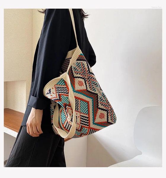 Bag Lady Knitting Gypsy Bohemian Boho Chic Aztec Tote Mujeres Crochet Woolen Open Shopper Top-Handle 2024 Femenino diario