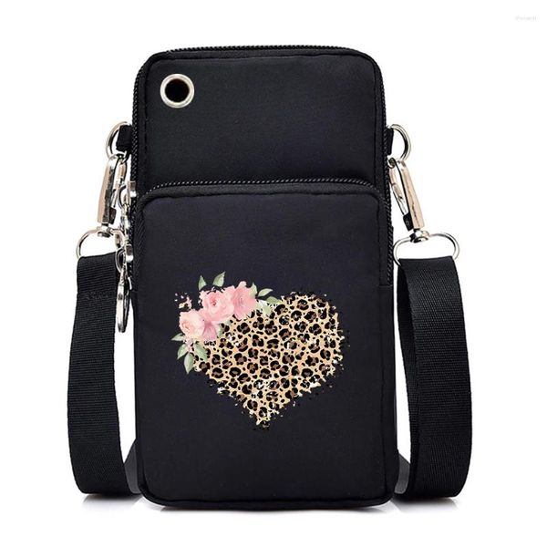 Bolso de leopardo con forma de corazón y flor para mujer, bolsos para teléfono móvil, Mini bolso bandolera para mujer, cartera pequeña para hombro tipo bandolera