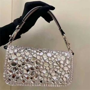 Sac Locos Valentons 7a Sinuine en cuir Diamond Dîner Mini Big Crystal Evening Baguette Sier Tone Hardware Cross Body Top Handlejql4