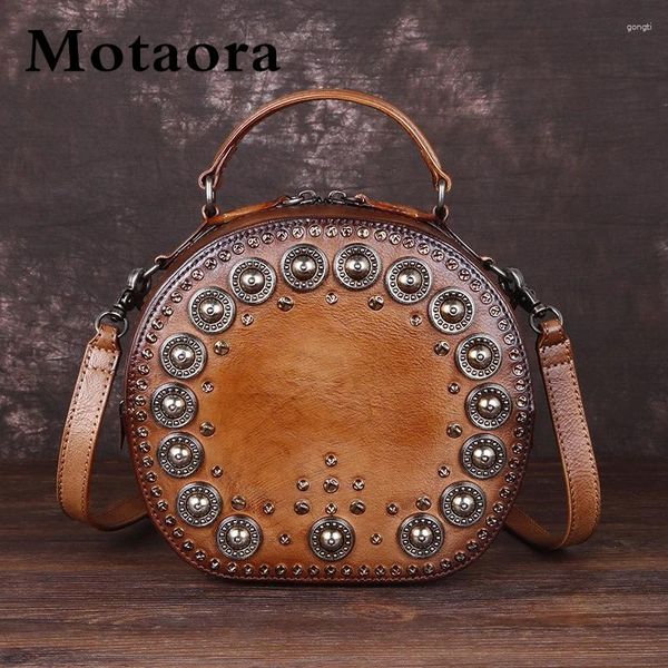 Bolsa Motaora Retro Homenaje Handmaño Bolsas redondas para mujeres 2024 Color sólido de cuero de cuero genuino Damas