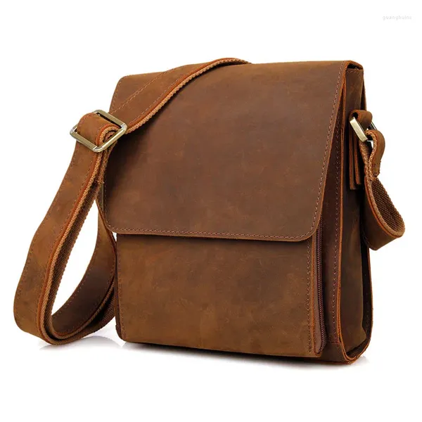 Sac Nesitu haute qualité Vintage épais marron en cuir véritable petits hommes sacs de messager fou cheval mâle épaule M7055