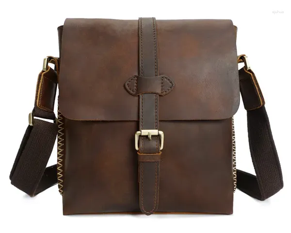 Sac Nesitu Vintage marron épais en cuir véritable petits hommes sacs de messager Crazy Horse homme épaule # M8086