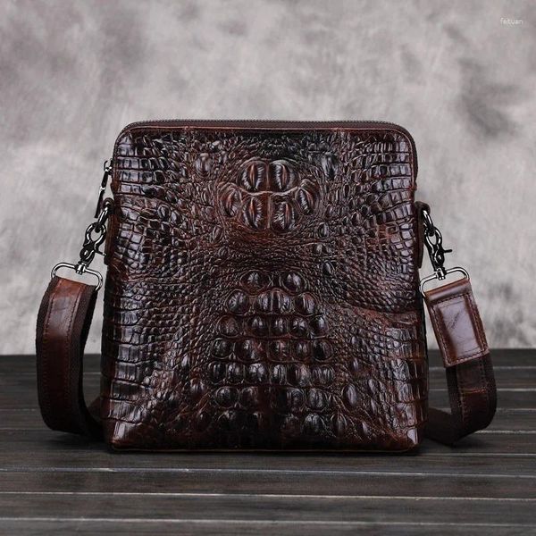 Sac à huile en cire d'alligator en croûte de cuir pour hommes, pochette à bandoulière rétro pour hommes, porte-documents