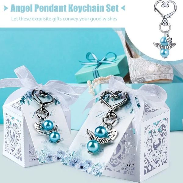 Accesorios de piezas de bolsa 144 piezas Llavero de ángel con cajas de favor de bautismo Papel kraft Llaves de aleación Anillos Colgante Regalo de boda para 231219