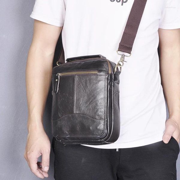 Bolso de cuero genuino de calidad para hombre, bandolera informal de piel de vaca a la moda, cuerpo cruzado de 8 