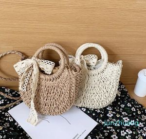 Sac à main tissé en paille pour femmes, sac à main en forme de lune, nœud en dentelle, rotin, grande capacité, cordon de serrage décontracté, épaule de plage