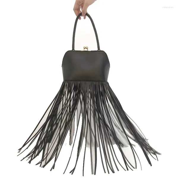 Sac à main à coque avec cadre en métal pour femmes, tendance, épaule longue à pompon, sac à main à frange quotidien élégant