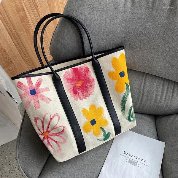 Bolso de bolsa para mujeres 2024 bolsos de damas graffiti lindo diseño flores gran capacidad de un solo hombro lienzo de vacaciones de viaje