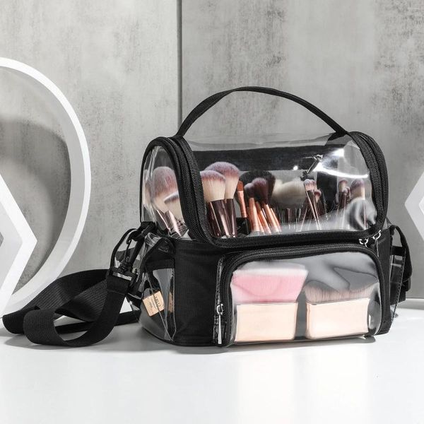 Bolsa transparente de PVC para hombro, bolsa de almacenamiento profesional para artista de maquillaje, accesorio para estuche de cosméticos con partición extraíble de alta capacidad