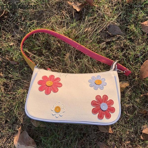 Bag Vintage Flower Mujeres Baguette Baco en la axila Color Damas Lienzo Bolsos de monedero encantadores Bolsos de hombro pequeños Femeninos Bolsas