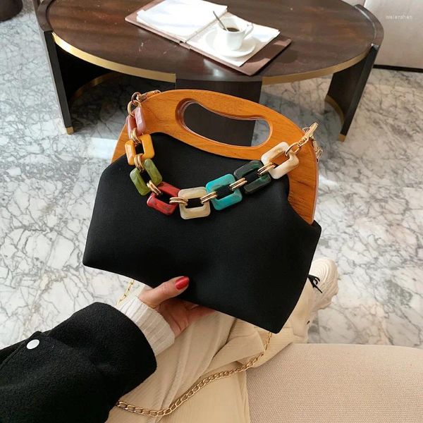 Bolso Vintage Tote con mango de madera 2024 Cuero de PU mate de alta calidad Bolso de diseñador para mujer Cadena Mensajero de hombro