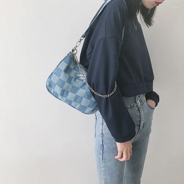 Bolso de mujer de mezclilla azul a cuadros bolsos de hombro Vintage Chic lienzo cadena bolsos mujer Casual Bordado de letras tela mensajero